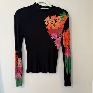 Desigual Black Ribbed Floral Graphic Mock Neck Long Sleeve Top Size M